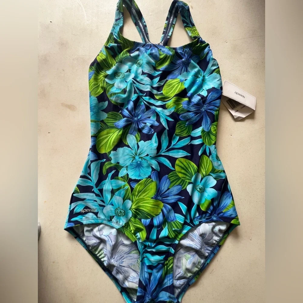 SPEEDO WOMAN’S SIZE 12 BLUE & GREEN FLORAL ONE-PIECE SWIMSUIT.  NWT  NOT PADDED